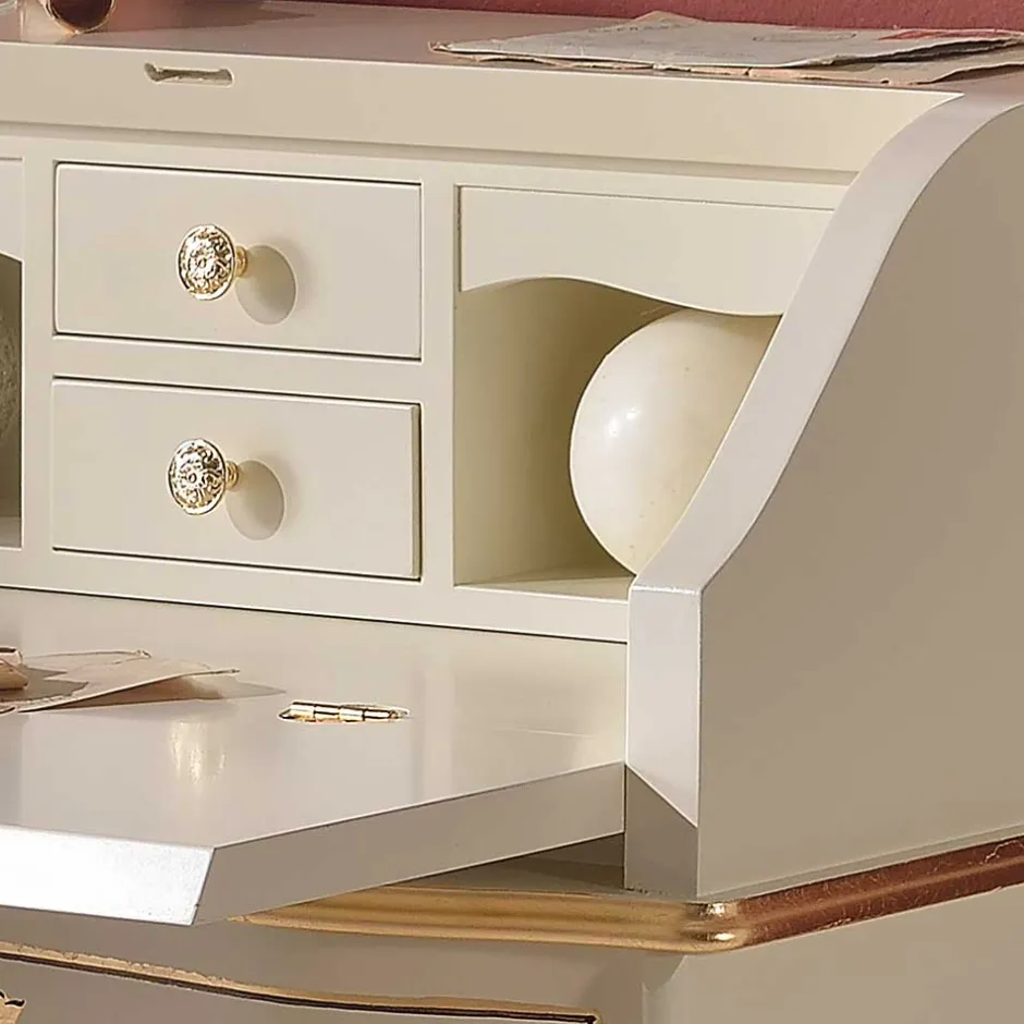Wohnen 75x88x35 Barock Sekretär in Weiß & Gold - Iviada