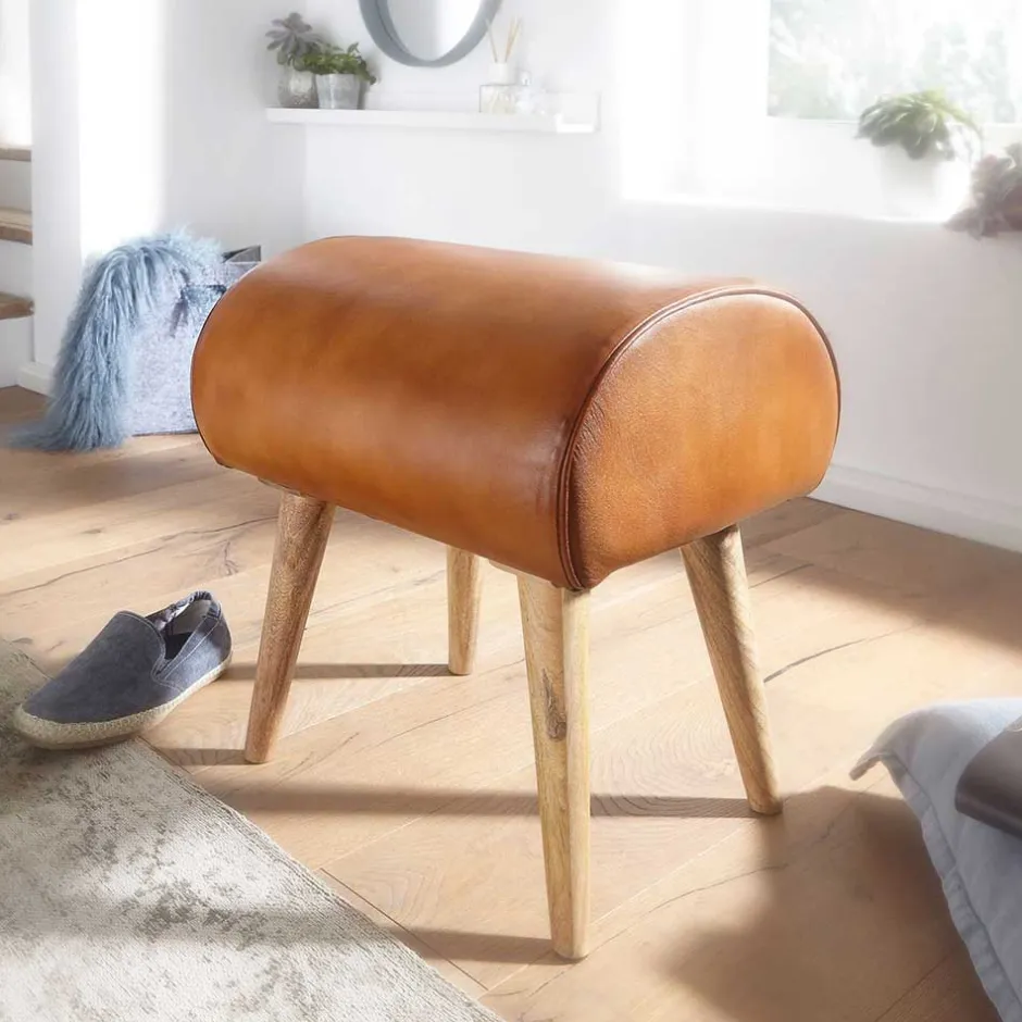 Wohnen 45x53x40 cm Leder Hocker mit Holzbeinen - Brian