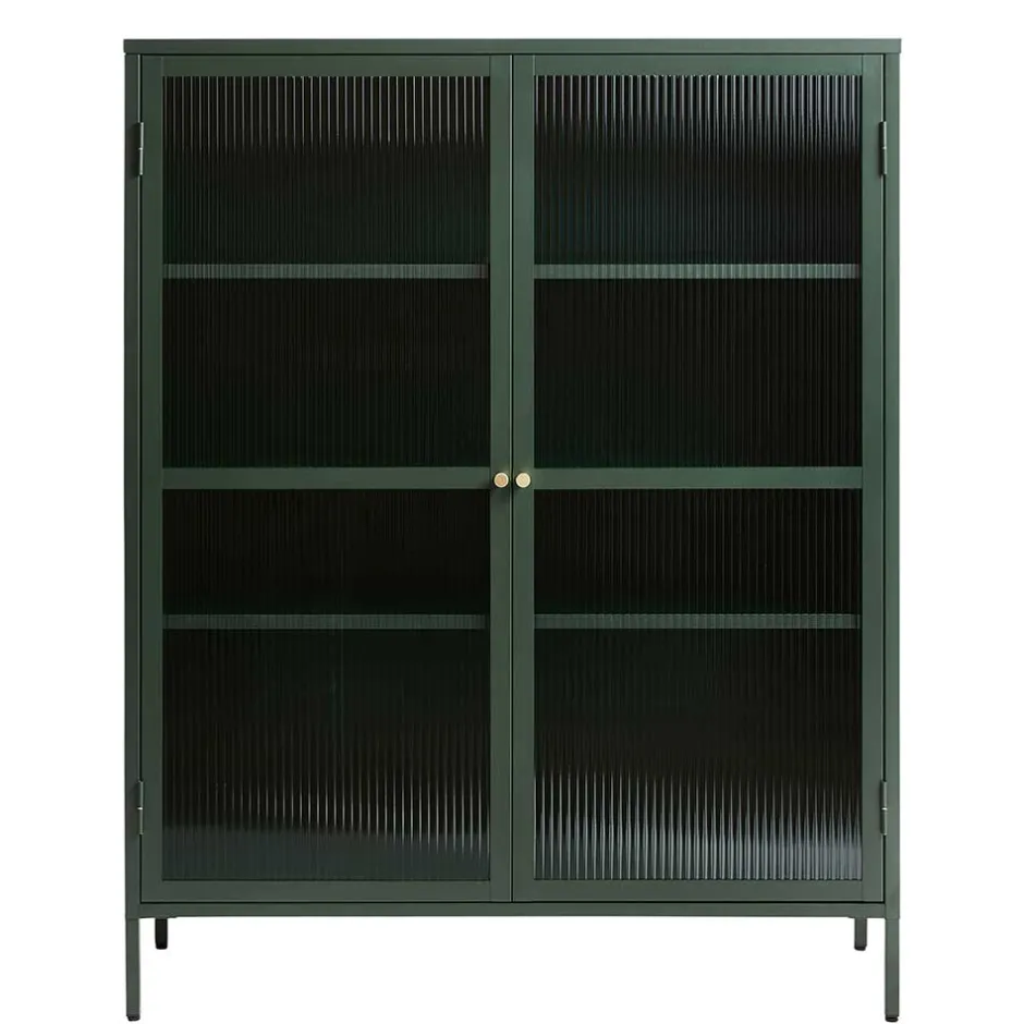 110x140x40 Dunkelgrüne Highboard Vitrine aus Stahl - Estellos^Wohnen Sale