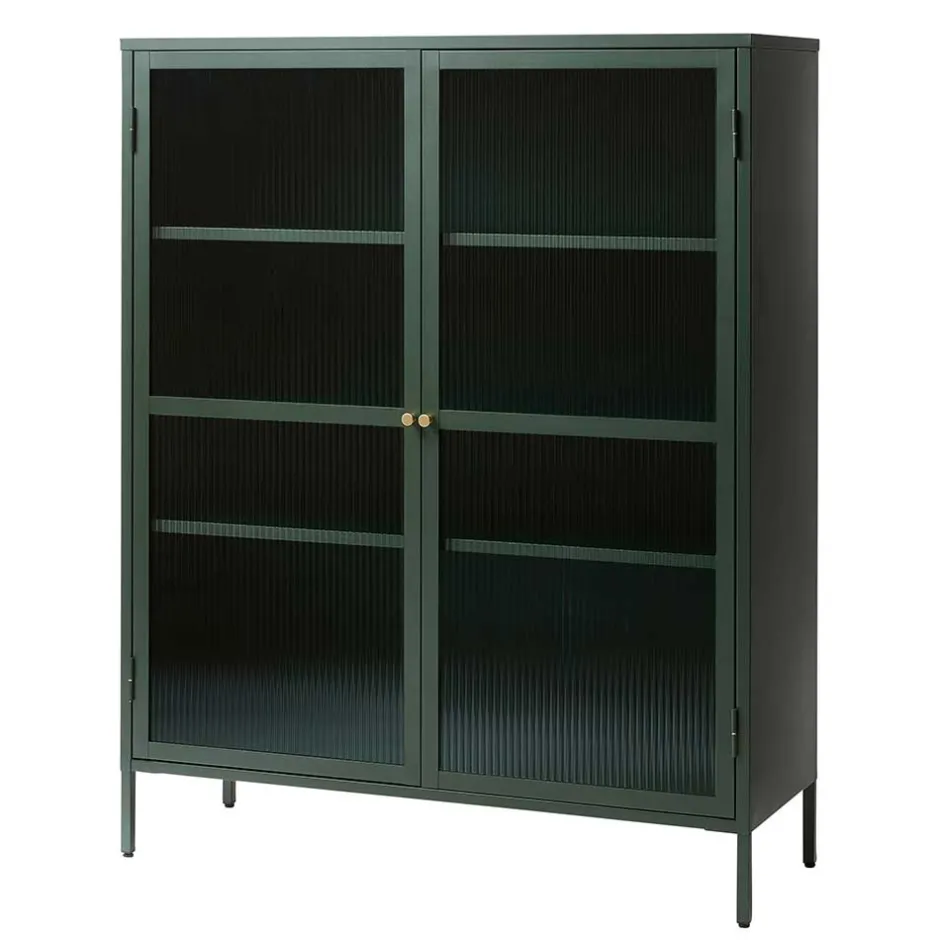 110x140x40 Dunkelgrüne Highboard Vitrine aus Stahl - Estellos^Wohnen Sale