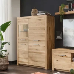 Wohnen 102x141x40 Highboard aus Wildeiche mit Glaseinsatz - Loitons