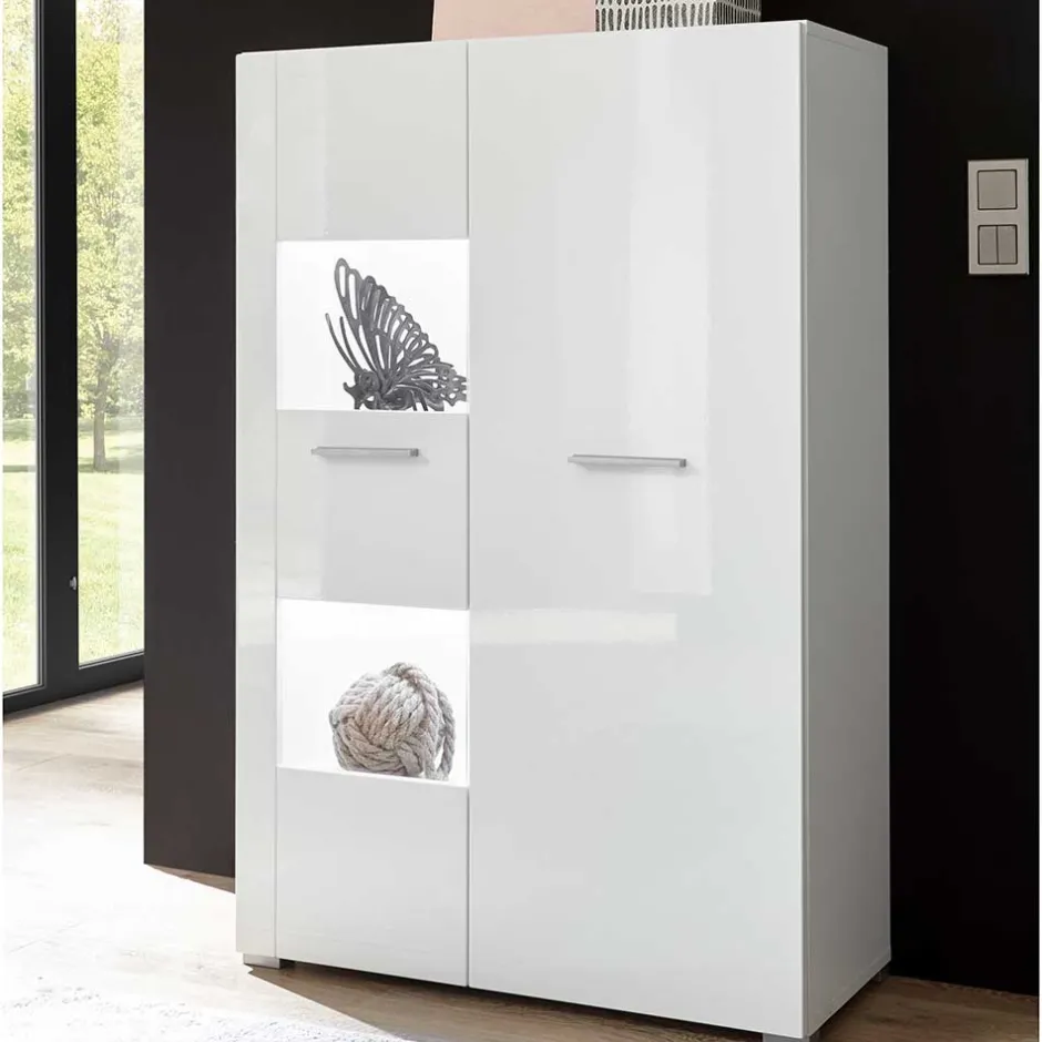 Wohnen 80x123x35 Hochglanz Vitrinenschrank in Weiß - Timmona