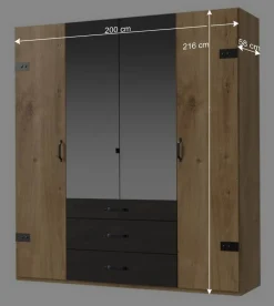 Wohnen 200x216x58 Kombi-Kleiderschrank mit Spiegeln - Bram