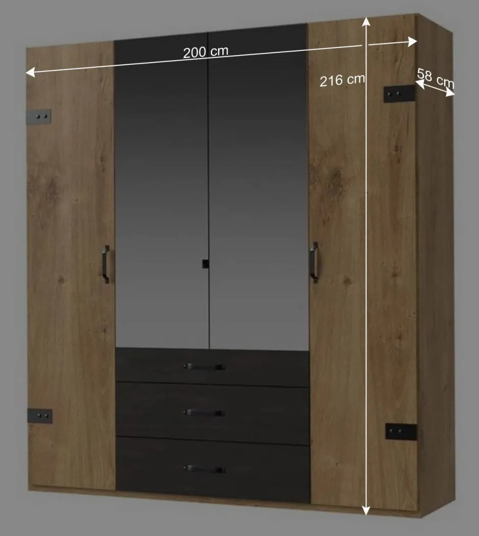Wohnen 200x216x58 Kombi-Kleiderschrank mit Spiegeln - Bram