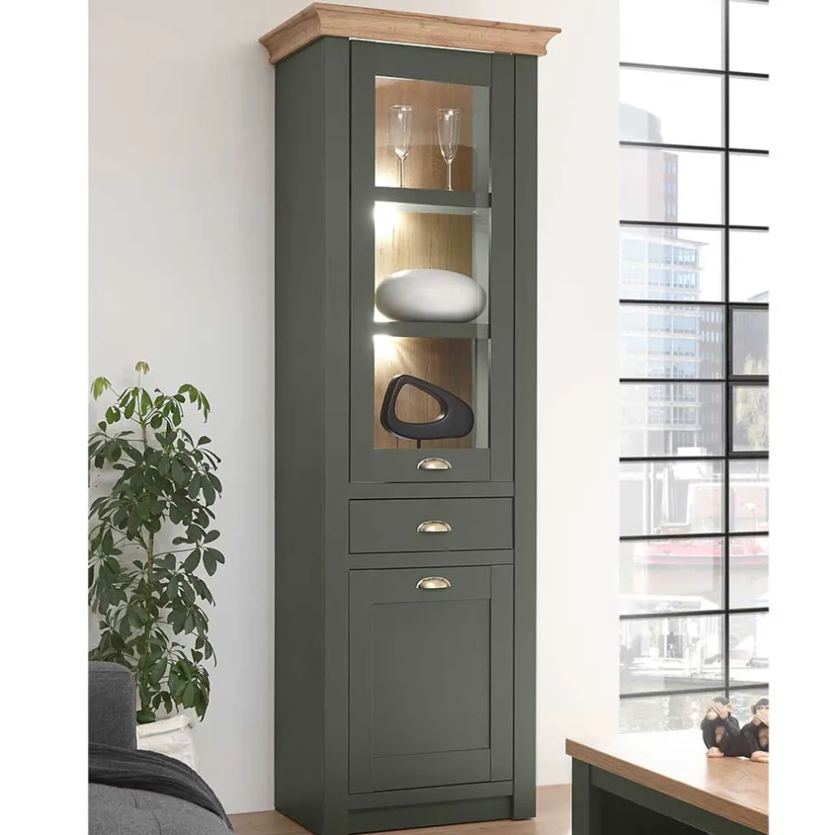 68x207x45 Landhaus Vitrine in Graugrün - Eylan^Wohnen Discount