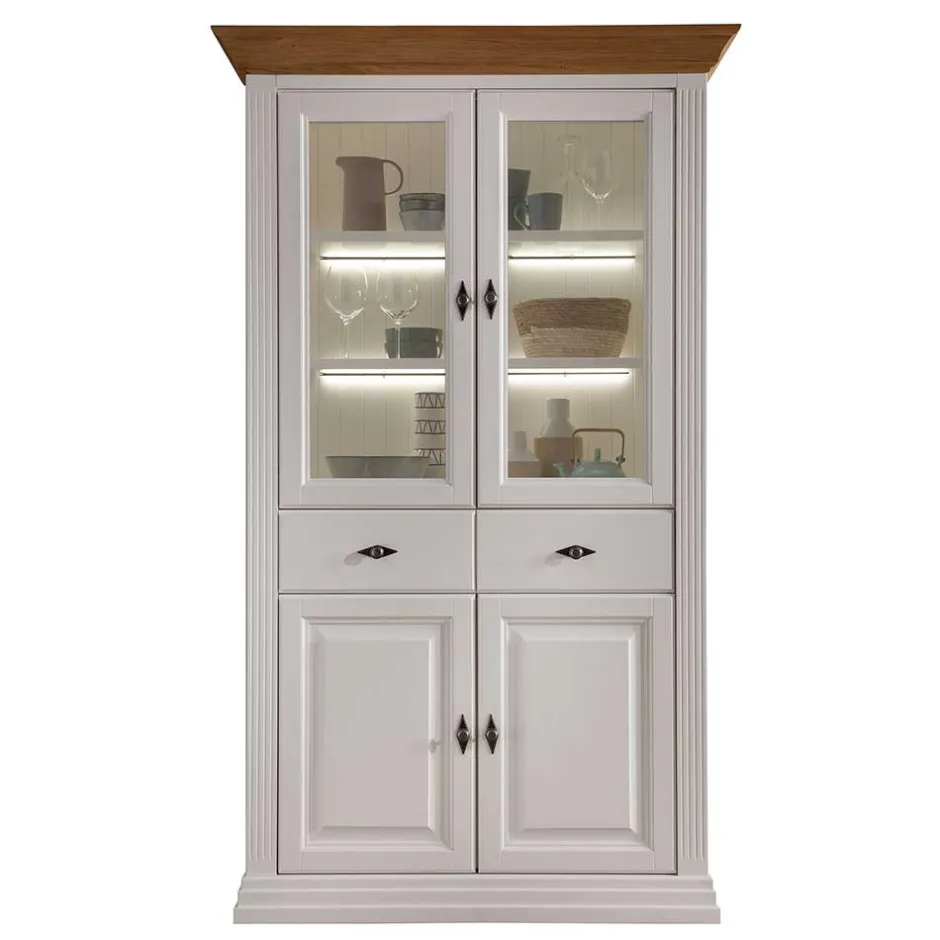 Wohnen 116x199x45 Landhaus Vitrinenschrank in Weiß - Henry