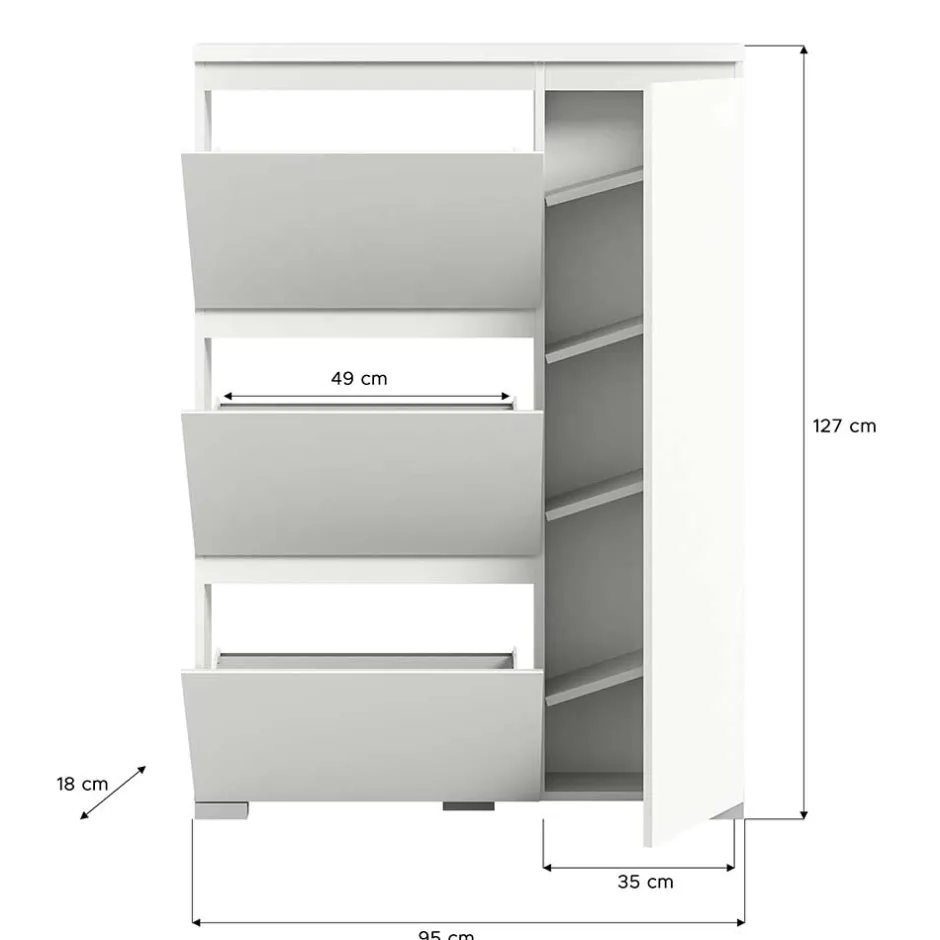 Wohnen 95x127x18 Midi Schuhschrank mit drei Klappen & Tür - Suad