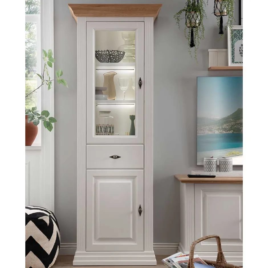 Wohnen 72x199x45 Modern Country Vitrinenschrank in Weiß - Henry