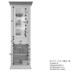 Wohnen 72x199x45 Modern Country Vitrinenschrank in Weiß - Henry