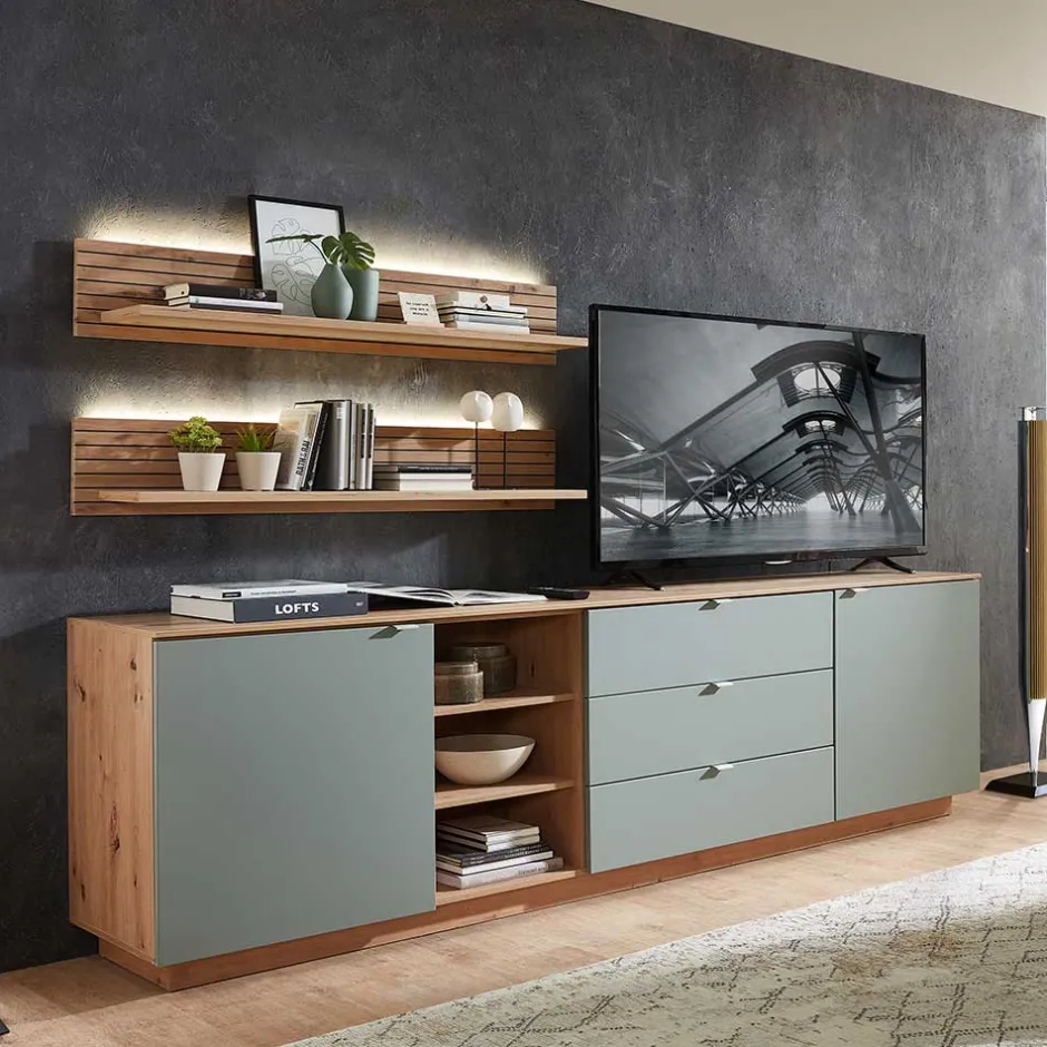 240x77x44 Sideboard in Graugrün und Wildeiche - Yoan^Wohnen