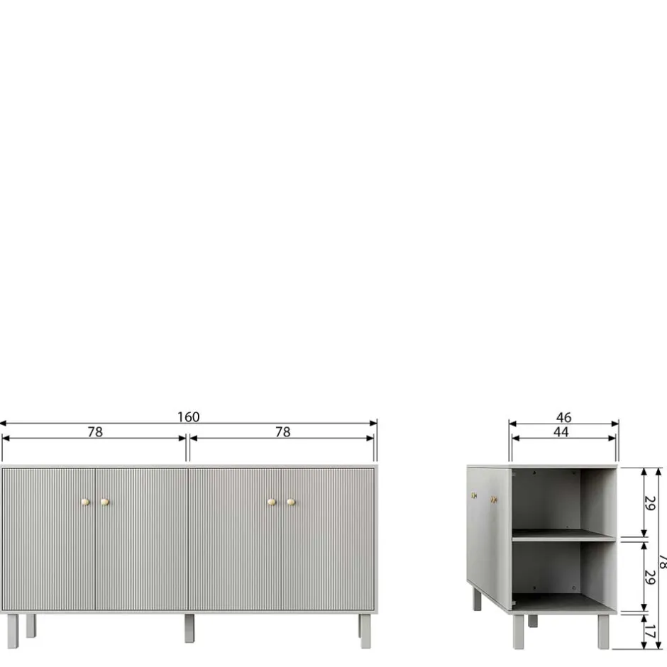 160x78x46 Skandi Sideboard 4-türig in Grau - Huvina^Wohnen Clearance