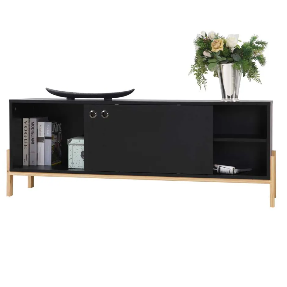 Wohnen 140x52x35 TV Lowboard in Schwarz & Pinie Natur - Estrevin