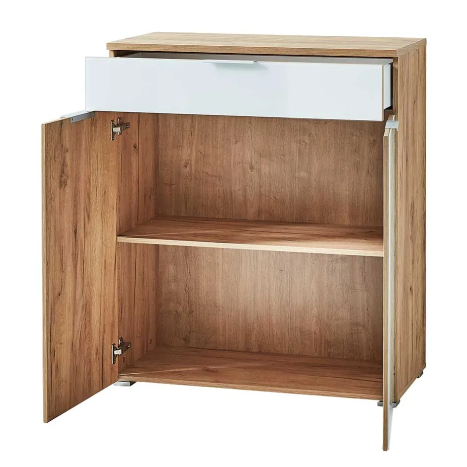 89x105x40 Vertiko in Weiß Glas & Eiche - Reestyl^Wohnen Hot