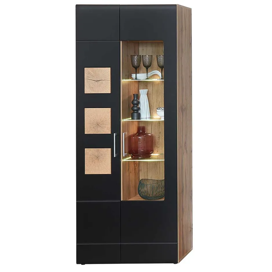 Wohnen 80x208x37 Vitrine in Schwarz & Wildeiche - Kandu