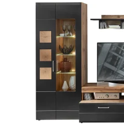 Wohnen 80x208x37 Vitrine in Schwarz & Wildeiche - Kandu