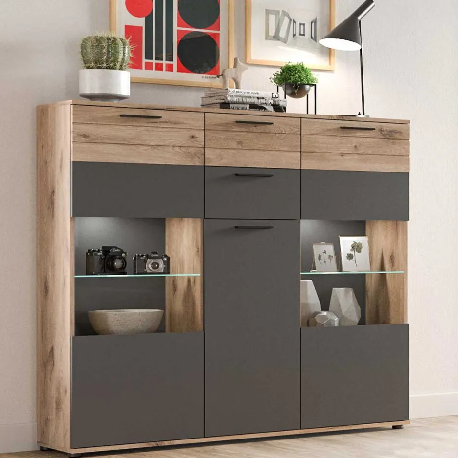 140x134x37 Wohnzimmerschrank Highboard mit Glas - Lucios^Wohnen New