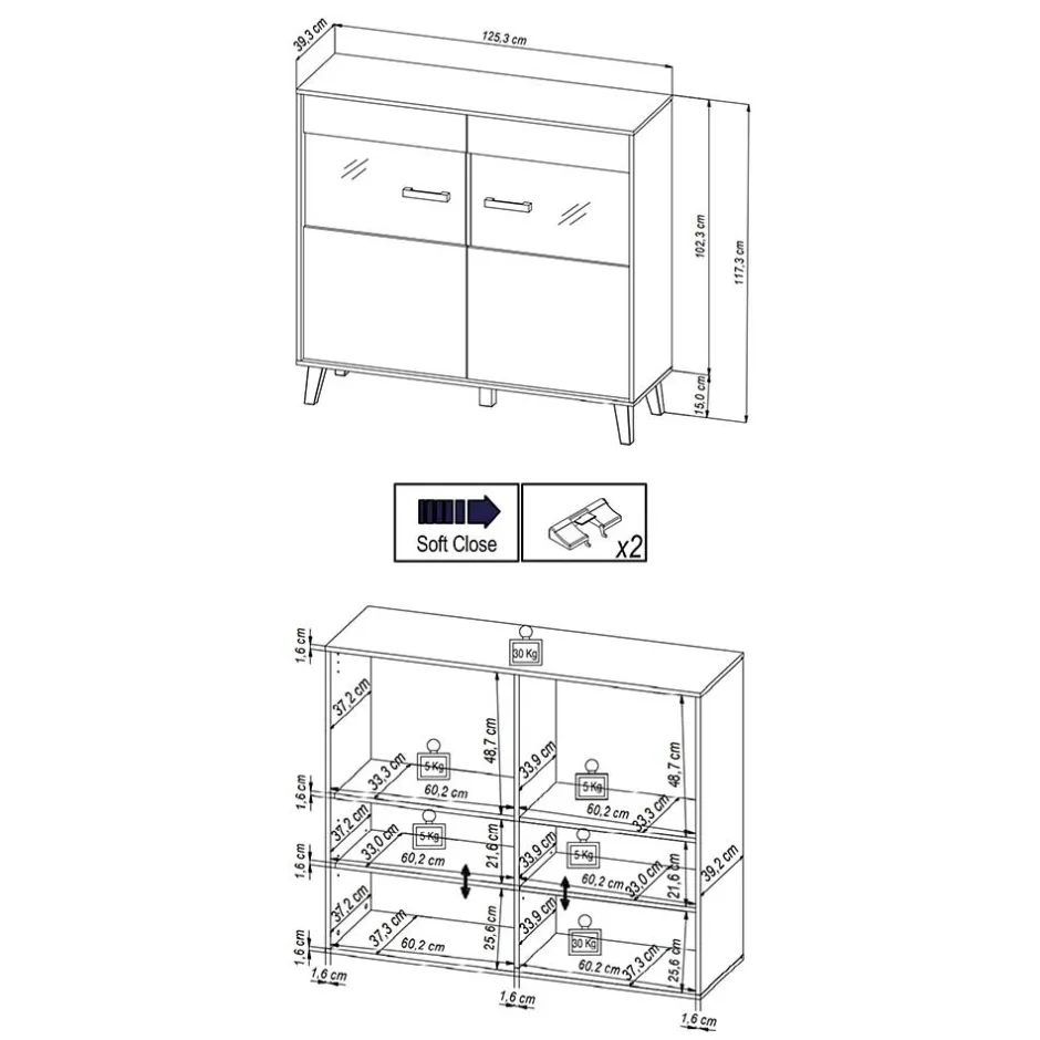 Wohnen 126x118x40 Wohnzimmerschrank mit Glaseinsatz - Paniera